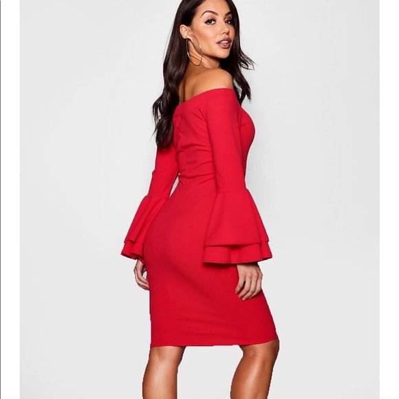 boohoo red off shoulder dress